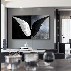 Black White Angel Wings Kətan Tablo - 3