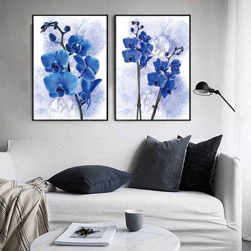 Blossom Purple Blue Flowers Painting 2'li Kətan Tablo Seti - 1