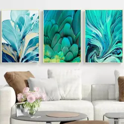 Blue and Green Feather 3'lü Set Kətan Tablo TB1248 - 1