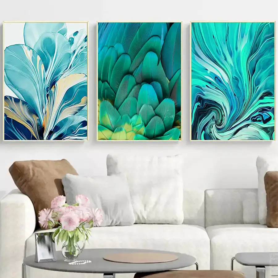 Blue and Green Feather 3'lü Set Kətan Tablo TB1248 - 1