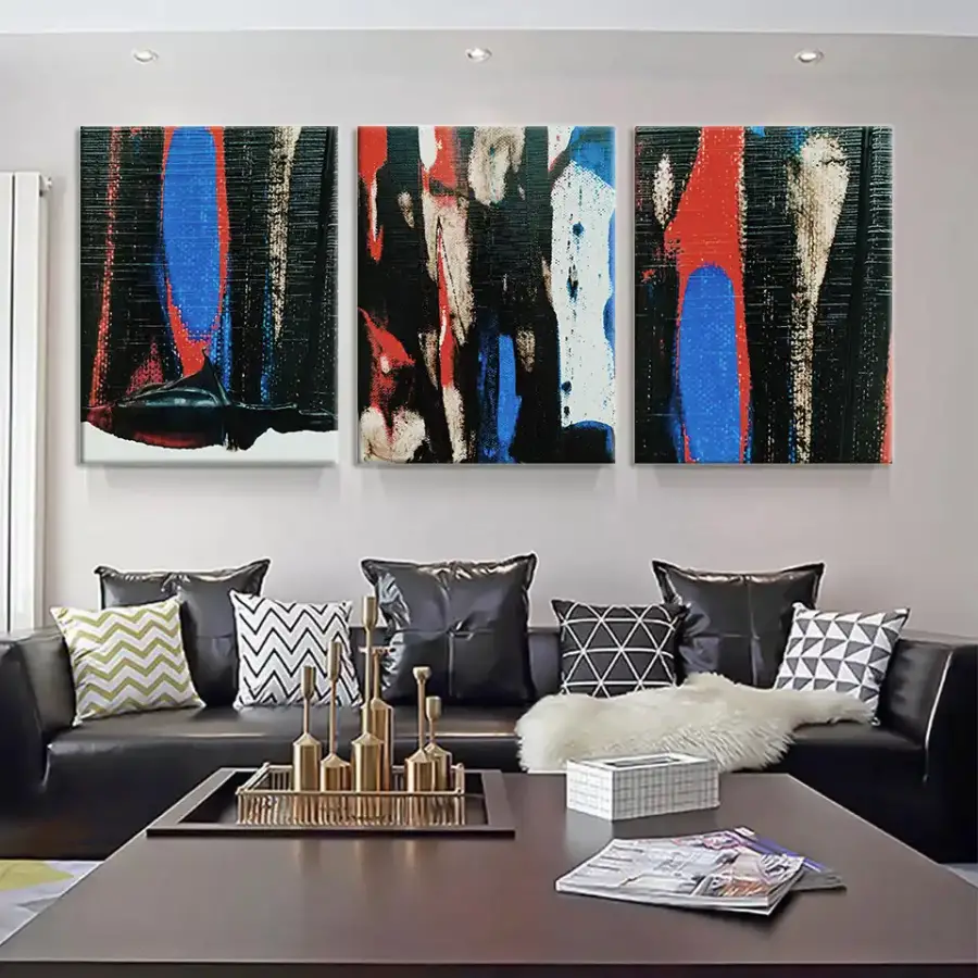 Blue and Red Abstract Oil Painting 3'lü Set Kətan Tablo TB1311 - 1