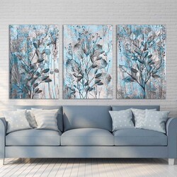 Blue Floral Flower Art 3'lü Kətan Tablo Seti - 1
