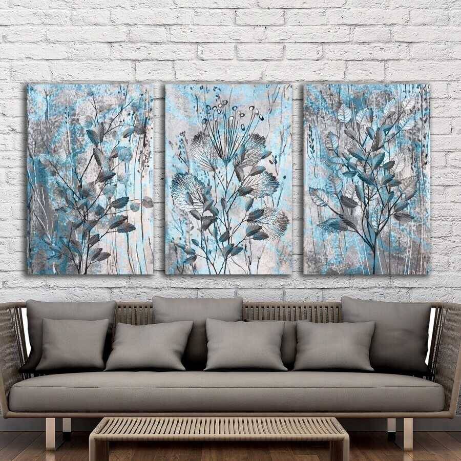 Blue Floral Flower Art 3'lü Kətan Tablo Seti - 2