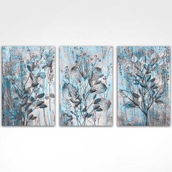 Blue Floral Flower Art 3'lü Kətan Tablo Seti - 3