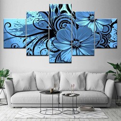 Blue Flower Abstract 5 Parçalı Kətan Tablo - Tabloshop