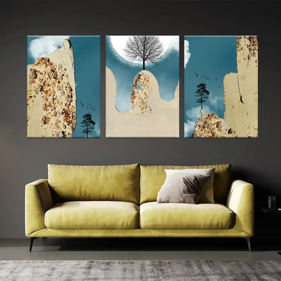 Blue Mountain and Tree Abstract 3'lü Set Kətan Tablo TB2045 - 1