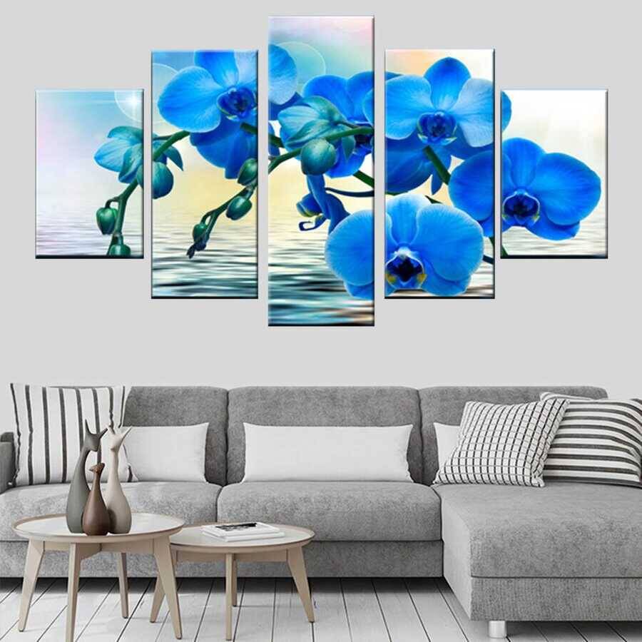 Blue Orchid Paintings 5 Parçalı Kətan Tablo - 2