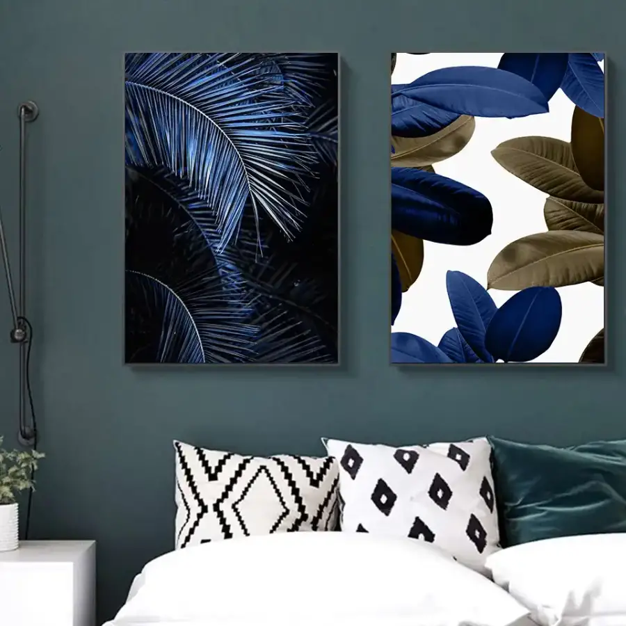 Blue Palma and Leaf 2'li Set Kətan Tablo TB1269 - 1
