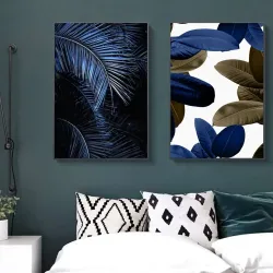 Blue Palma and Leaf 2'li Set Kətan Tablo TB1269 - 1