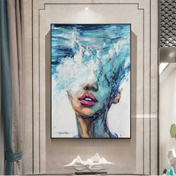 Blue Woman Oil Painting Sea and Red Lips Kətan Tablo - 1