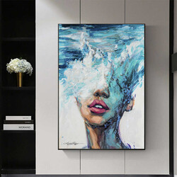 Blue Woman Oil Painting Sea and Red Lips Kətan Tablo - 2