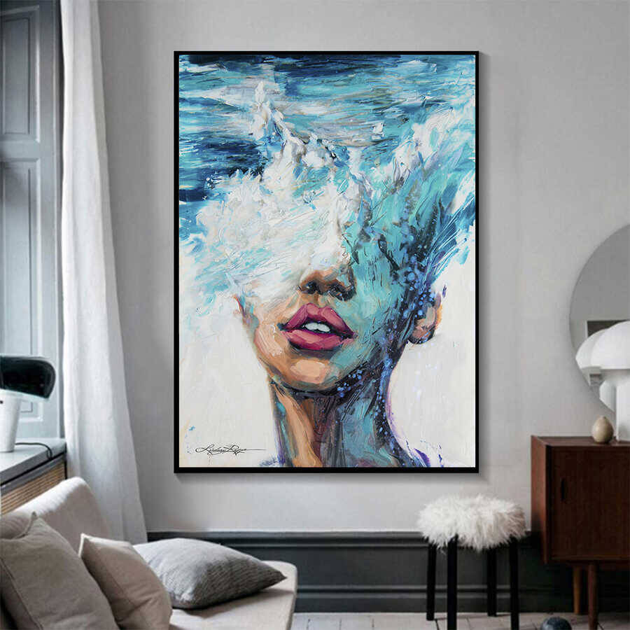 Blue Woman Oil Painting Sea and Red Lips Kətan Tablo - 3