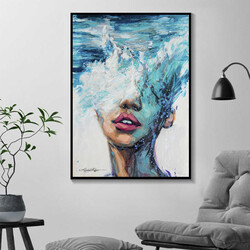 Blue Woman Oil Painting Sea and Red Lips Kətan Tablo - 4