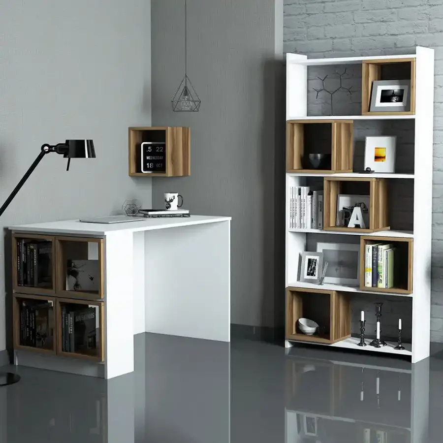 Box Çalışma Masası və Kitab Rəfi Dəsti - Ağ/Cəviz - 1