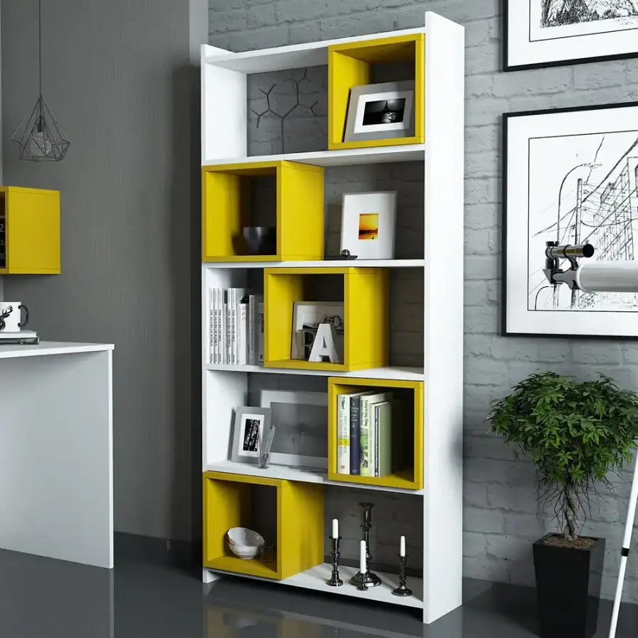 Box Çalışma Masası və Kitab Rəfi Dəsti - Ağ/Sarı - 2