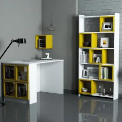 Box Çalışma Masası və Kitab Rəfi Dəsti - Ağ/Sarı 