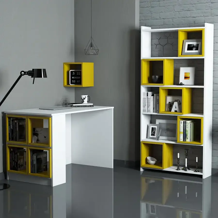 Box Çalışma Masası və Kitab Rəfi Dəsti - Ağ/Sarı - 1
