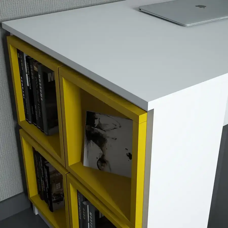 Box Çalışma Masası və Kitab Rəfi Dəsti - Ağ/Sarı - 4