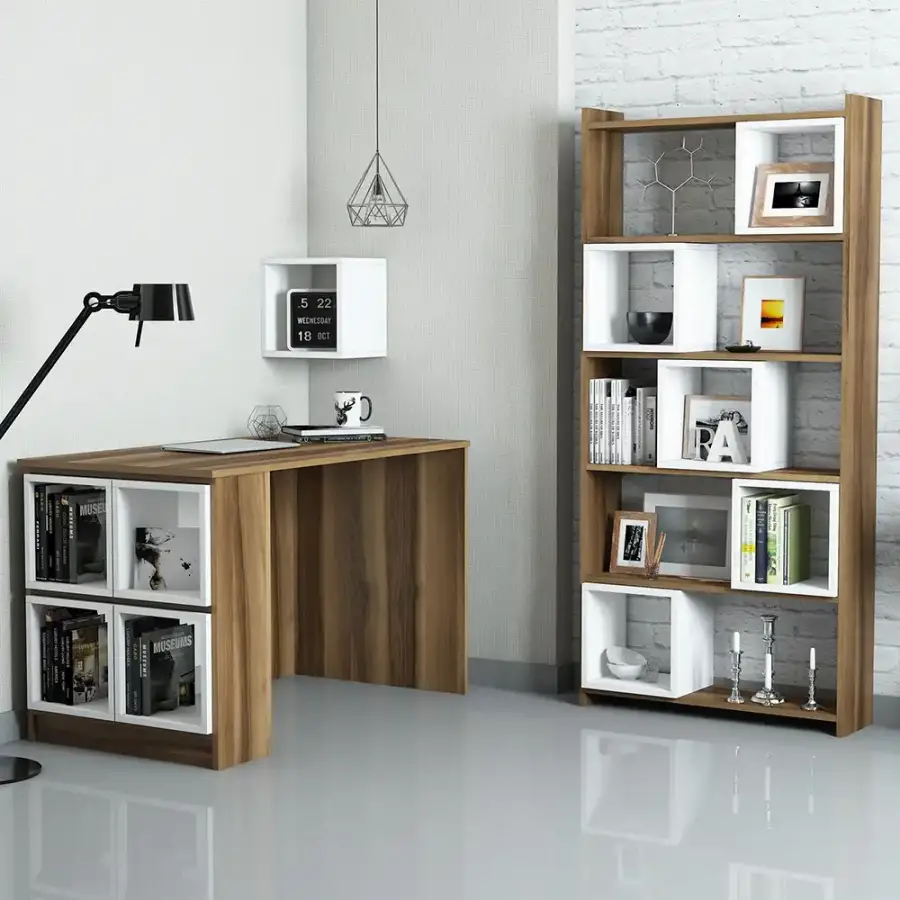 Box Çalışma Masası və Kitab Rəfi Dəsti - Cəviz/Ağ - 1