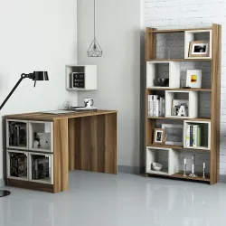 Box Çalışma Masası və Kitab Rəfi Dəsti - Cəviz/Krem 