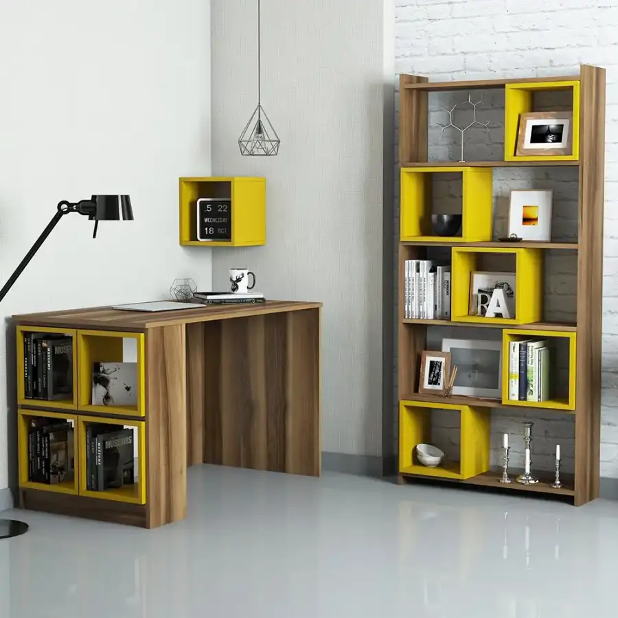 Box Çalışma Masası və Kitab Rəfi Dəsti - Cəviz/Sarı - 1
