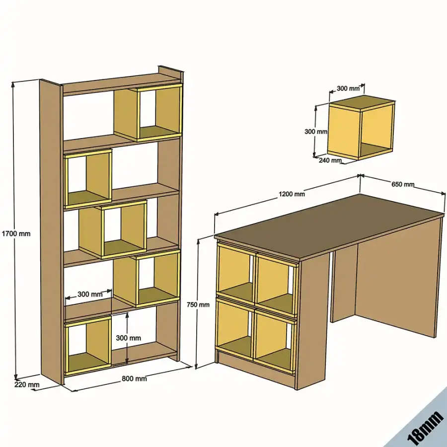Box Çalışma Masası və Kitab Rəfi Dəsti - Cəviz/Sarı - 5