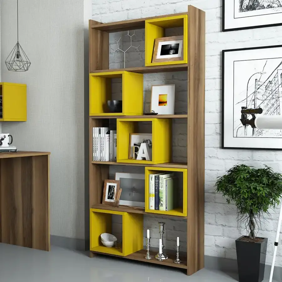 Box Çalışma Masası və Kitab Rəfi Dəsti - Cəviz/Sarı - 2