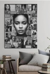 Çeşitli Kelimeler Kolajı ve Güzel Kadın Kanvas Tablo - Markaev