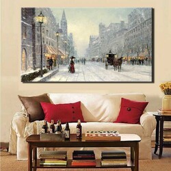 City Winter Snow Landscape Wall Art Kətan Tablo - 1