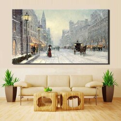 City Winter Snow Landscape Wall Art Kətan Tablo - 2