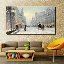 City Winter Snow Landscape Wall Art Kətan Tablo - 3