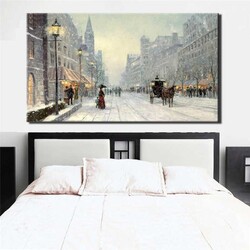 City Winter Snow Landscape Wall Art Kətan Tablo - 4