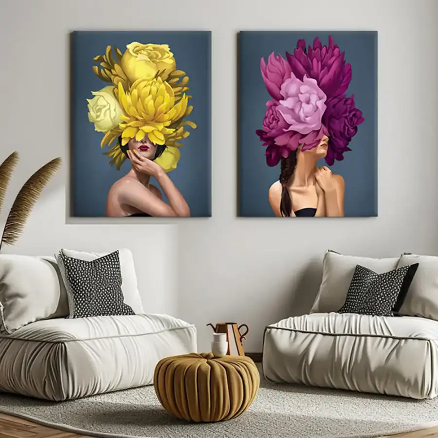 Colorful Girl Head Flower 2'li Set Kətan Tablo TB1335 - 1