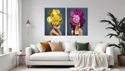 Colorful Girl Head Flower 2'li Set Kətan Tablo TB1335 - 2