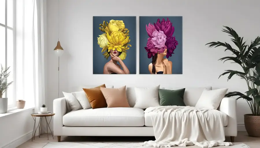 Colorful Girl Head Flower 2'li Set Kətan Tablo TB1335 - 2