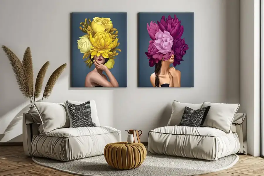 Colorful Girl Head Flower 2'li Set Kətan Tablo TB1335 - 3