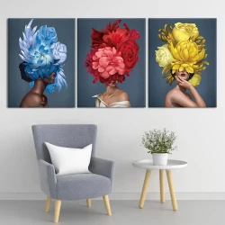 Colorful Girl Head Flower 3'lü Set Kətan Tablo TB1333 - 1