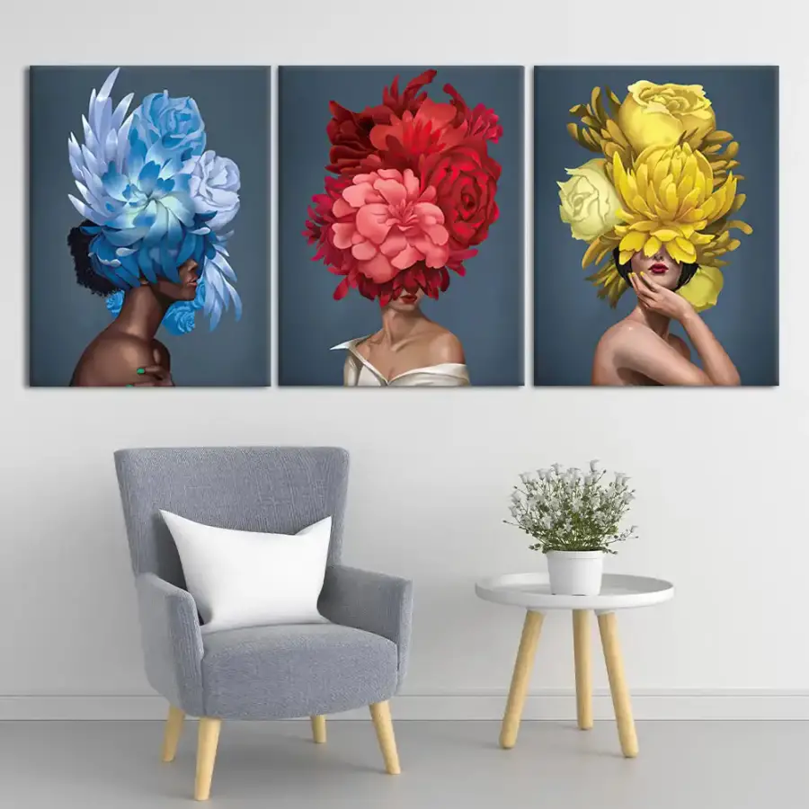 Colorful Girl Head Flower 3'lü Set Kətan Tablo TB1333 - 1