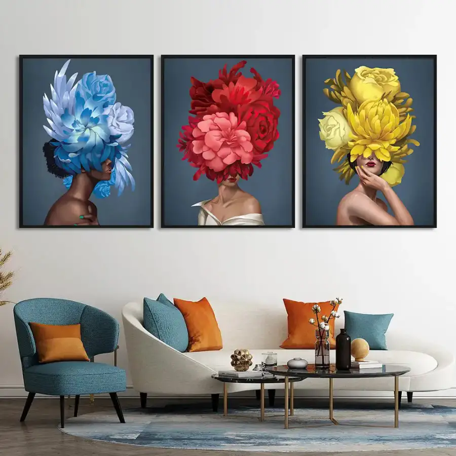 Colorful Girl Head Flower 3'lü Set Kətan Tablo TB1333 - 2