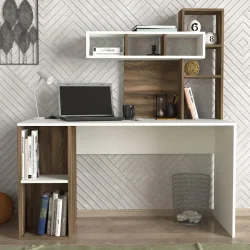 Coral Kitab Rəfli Çalışma Masası - Ağ/Cəviz - Decoroom Collection (1)