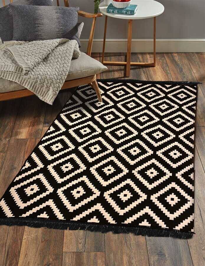 Cotton Siyah-Beyaz Çift Taraflı Yıkanabilir Naturel Pamuk Kilim 02 - 2