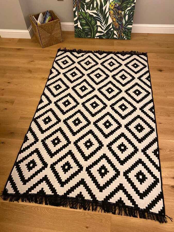 Cotton Siyah-Beyaz Çift Taraflı Yıkanabilir Naturel Pamuk Kilim 02 - 3