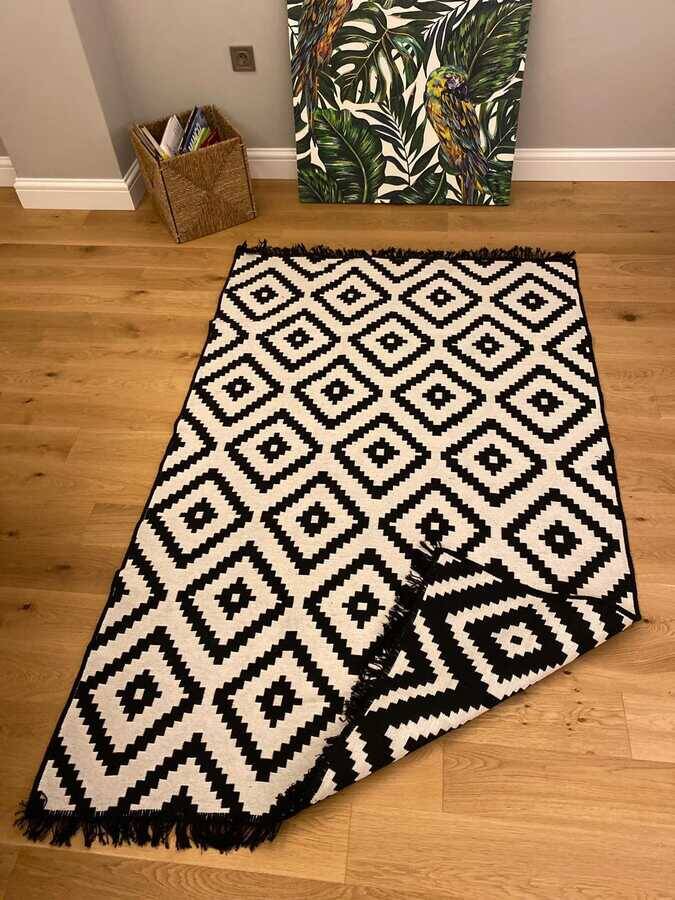 Cotton Siyah-Beyaz Çift Taraflı Yıkanabilir Naturel Pamuk Kilim 02 - 5