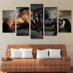 Couple Black and Yellow Horse Animals Wall Art 5 Parçalı Kətan Tablo TB1516P5 - Tabloshop