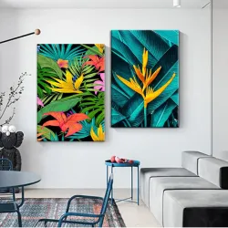 Dark Tropical Yellow Palma 2'li Kətan Tablo TB1289 - 1