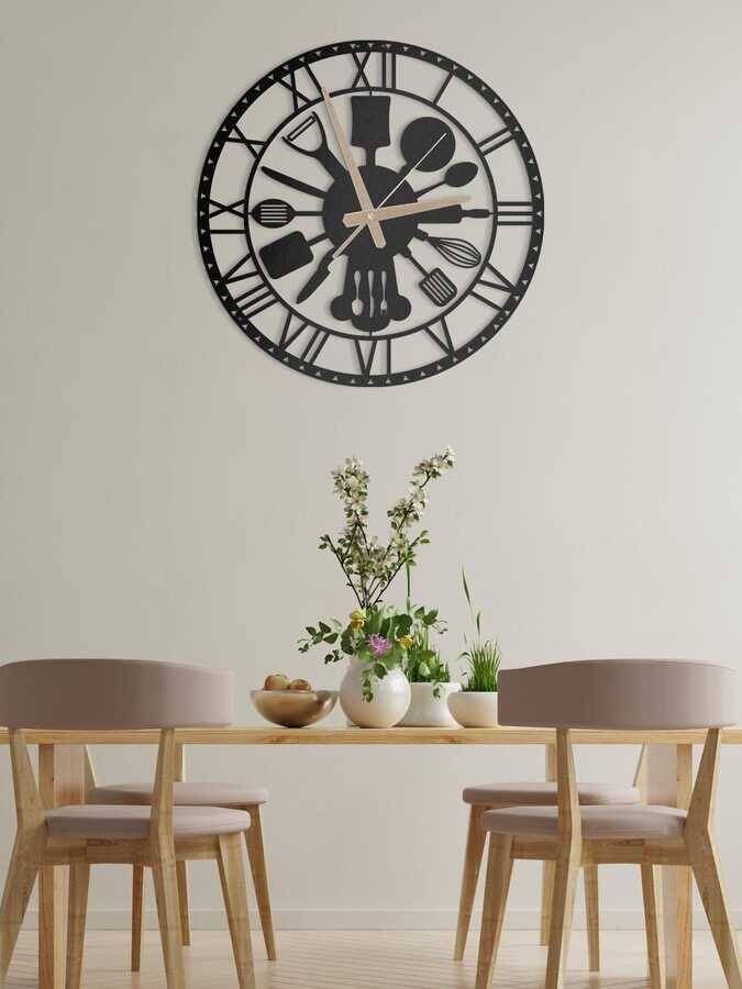 Dekoratif Metal Duvar Saati Mutfak (Çatal Kaşık) Temalı 45x45cm - 4