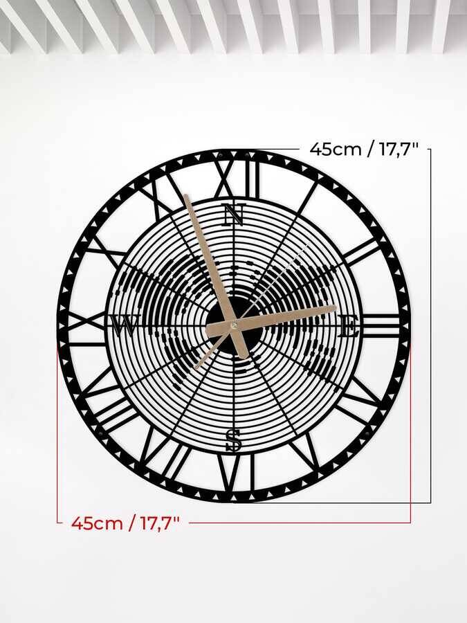 Dekoratif Metal Duvar Saati Pusula Temalı Dünya Haritası 45x45cm - 2