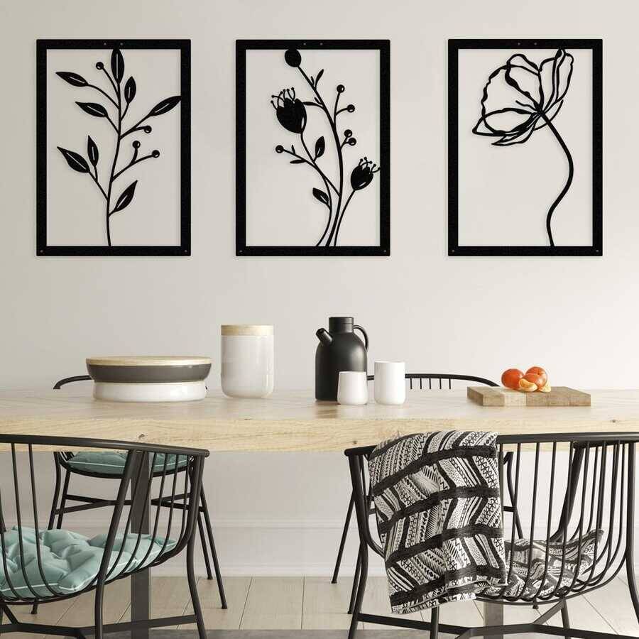 Dekoratif Üçlü Set Metal Duvar Tablosu Gelincik Çiçeği Temalı 42x60cm x 3 ADET - 1