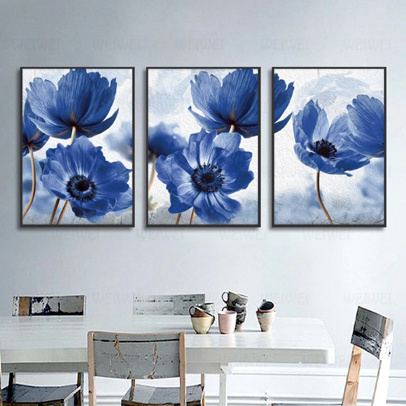 Dijiwork Blue Flowers 3'lü Kətan Tablo Seti TB1363 - 1