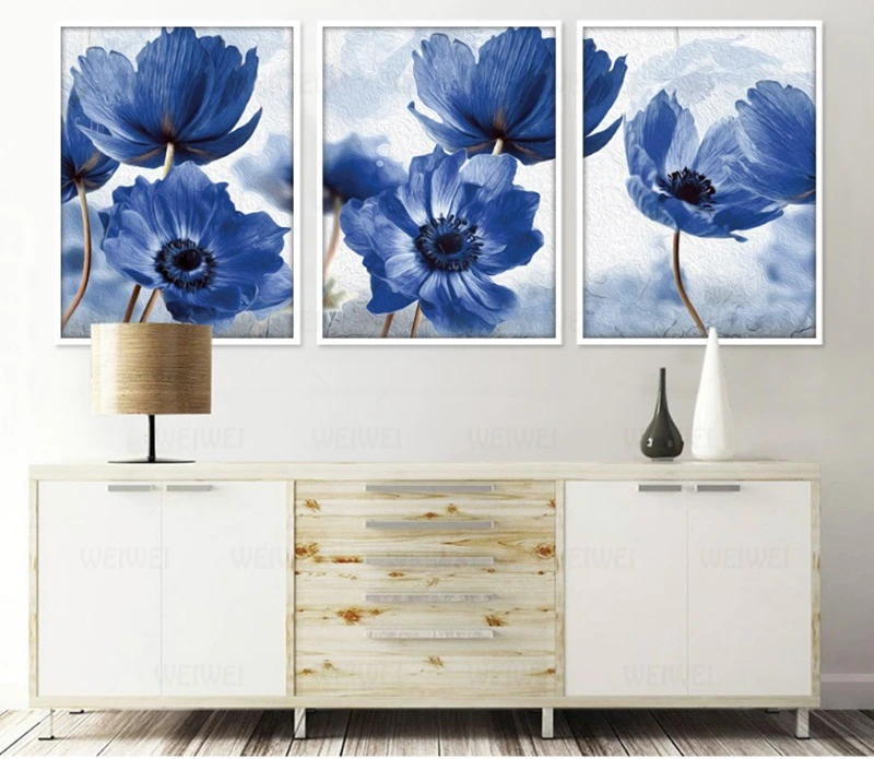 Dijiwork Blue Flowers 3'lü Kətan Tablo Seti TB1363 - 3
